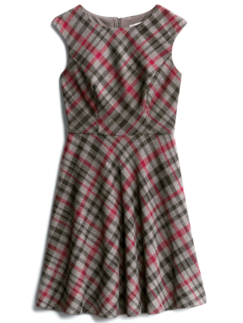 Maggy London Ellie Knit Dress Tartan Plaid Fit & Flare Gray Burgundy Sz 8
